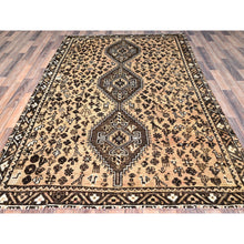 Load image into Gallery viewer, 5&#39;8&quot;x8&#39;7&quot; Bisque Brown, Hand Knotted Old Persian Shiraz With Small Birds Figurines, Evenly Worn 100% Wool, Cropped Thin, Sides and Ends Secured, Professionally Cleaned, Distressed Look, Sheared Low, Oriental Rug FWR516528