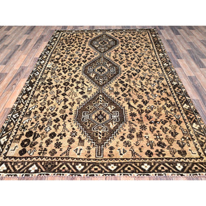 5'8"x8'7" Bisque Brown, Hand Knotted Old Persian Shiraz With Small Birds Figurines, Evenly Worn 100% Wool, Cropped Thin, Sides and Ends Secured, Professionally Cleaned, Distressed Look, Sheared Low, Oriental Rug FWR516528