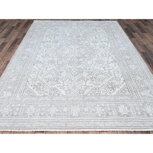 6'6"x9'2" Snowbound White, Hand Knotted Old Persian Tabriz White Wash Geometric Design, Shiny Wool With Excellent Condition, Distressed Look, Cropped Thin, Sheared Low, Even Wear, Oriental Rug FWR516564