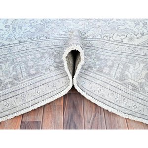 6'6"x9'2" Snowbound White, Hand Knotted Old Persian Tabriz White Wash Geometric Design, Shiny Wool With Excellent Condition, Distressed Look, Cropped Thin, Sheared Low, Even Wear, Oriental Rug FWR516564