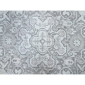 6'6"x9'2" Snowbound White, Hand Knotted Old Persian Tabriz White Wash Geometric Design, Shiny Wool With Excellent Condition, Distressed Look, Cropped Thin, Sheared Low, Even Wear, Oriental Rug FWR516564