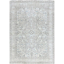 Load image into Gallery viewer, 6&#39;5&quot;x9&#39;1&quot; Chantilly Lace White, Good Condition, Cropped Thin, Sheared Low, Vintage Persian Tabriz Geometric Medallion, Even Wear, Sides and Ends Professionally Secured and Cleaned, Distressed Extra Soft Wool Oriental Rug FWR516570