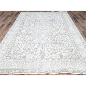 6'5"x9'1" Chantilly Lace White, Good Condition, Cropped Thin, Sheared Low, Vintage Persian Tabriz Geometric Medallion, Even Wear, Sides and Ends Professionally Secured and Cleaned, Distressed Extra Soft Wool Oriental Rug FWR516570