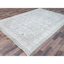 Load image into Gallery viewer, 6&#39;5&quot;x9&#39;1&quot; Chantilly Lace White, Good Condition, Cropped Thin, Sheared Low, Vintage Persian Tabriz Geometric Medallion, Even Wear, Sides and Ends Professionally Secured and Cleaned, Distressed Extra Soft Wool Oriental Rug FWR516570