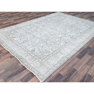 6'5"x9'1" Chantilly Lace White, Good Condition, Cropped Thin, Sheared Low, Vintage Persian Tabriz Geometric Medallion, Even Wear, Sides and Ends Professionally Secured and Cleaned, Distressed Extra Soft Wool Oriental Rug FWR516570