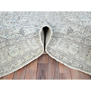 6'5"x9'1" Chantilly Lace White, Good Condition, Cropped Thin, Sheared Low, Vintage Persian Tabriz Geometric Medallion, Even Wear, Sides and Ends Professionally Secured and Cleaned, Distressed Extra Soft Wool Oriental Rug FWR516570