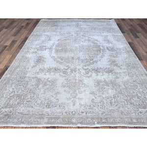 6'3"x9'6" Cloud Gray, Sides and Ends Professionally Secured and Cleaned, Great Condition Hand Knotted White Wash Semi Antique Persian Tabriz, Evenly Worn Hand Knotted Extra Soft Wool, Sheared Low, Cropped Thin, Oriental Rug FWR516588