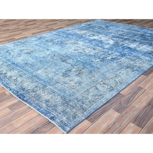 7'5"x11' Hawaiian Surf Blue, Excellent Condition, Cropped Thin and Sheared Low, Hand Knotted Sides and Ends Secured, Professionally Cleaned, Evenly Worn Vibrant Wool, Overdyed Old Persian Tabriz, Oriental Rug FWR516612