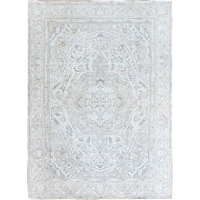 Load image into Gallery viewer, 7&#39;8&quot;x10&#39;4&quot; Silos White, Evenly Worn Natural Wool, Semi Antique Persian White Wash Tabriz With Touches Of Blue, Sides and Ends Professionally Secured and Cleaned, Sheared Low, Oriental Excellent Condition Rug FWR516630