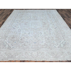 7'8"x10'4" Silos White, Evenly Worn Natural Wool, Semi Antique Persian White Wash Tabriz With Touches Of Blue, Sides and Ends Professionally Secured and Cleaned, Sheared Low, Oriental Excellent Condition Rug FWR516630