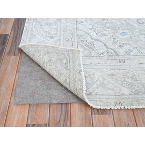 7'8"x10'4" Silos White, Evenly Worn Natural Wool, Semi Antique Persian White Wash Tabriz With Touches Of Blue, Sides and Ends Professionally Secured and Cleaned, Sheared Low, Oriental Excellent Condition Rug FWR516630