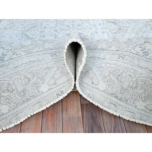 7'8"x10'4" Silos White, Evenly Worn Natural Wool, Semi Antique Persian White Wash Tabriz With Touches Of Blue, Sides and Ends Professionally Secured and Cleaned, Sheared Low, Oriental Excellent Condition Rug FWR516630