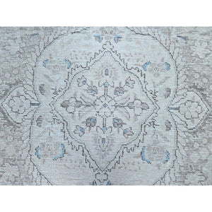 7'8"x10'4" Silos White, Evenly Worn Natural Wool, Semi Antique Persian White Wash Tabriz With Touches Of Blue, Sides and Ends Professionally Secured and Cleaned, Sheared Low, Oriental Excellent Condition Rug FWR516630