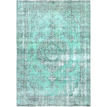 Load image into Gallery viewer, 6&#39;1&quot;x9&#39; Peacock Green, Organic Wool Hand Knotted Overdyed Old Persian Tabriz, Worn Down, Good Condition, Distressed Look and Sheared Low, Sides and Ends Professionally Cleaned and Secured, Cropped Thin Oriental Rug FWR516654