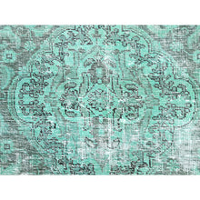 Load image into Gallery viewer, 6&#39;1&quot;x9&#39; Peacock Green, Organic Wool Hand Knotted Overdyed Old Persian Tabriz, Worn Down, Good Condition, Distressed Look and Sheared Low, Sides and Ends Professionally Cleaned and Secured, Cropped Thin Oriental Rug FWR516654