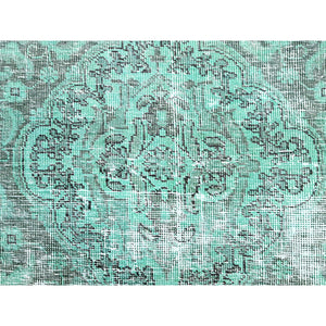 6'1"x9' Peacock Green, Organic Wool Hand Knotted Overdyed Old Persian Tabriz, Worn Down, Good Condition, Distressed Look and Sheared Low, Sides and Ends Professionally Cleaned and Secured, Cropped Thin Oriental Rug FWR516654