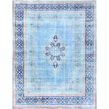 Load image into Gallery viewer, 10&#39;x12&#39;9&quot; Winter Sky With Bayern Blue, Hand Knotted Shiny Wool, Sides and Ends Professionally Secured, Cleaned, Semi Antique Persian Kerman, Excellent Condition, Worn Down, Sheared Low, Cropped Thin, Distressed Feel Oriental Rug FWR516666