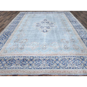 10'x12'9" Winter Sky With Bayern Blue, Hand Knotted Shiny Wool, Sides and Ends Professionally Secured, Cleaned, Semi Antique Persian Kerman, Excellent Condition, Worn Down, Sheared Low, Cropped Thin, Distressed Feel Oriental Rug FWR516666