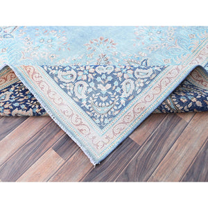 10'x12'9" Winter Sky With Bayern Blue, Hand Knotted Shiny Wool, Sides and Ends Professionally Secured, Cleaned, Semi Antique Persian Kerman, Excellent Condition, Worn Down, Sheared Low, Cropped Thin, Distressed Feel Oriental Rug FWR516666