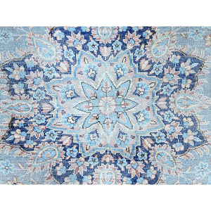 10'x12'9" Winter Sky With Bayern Blue, Hand Knotted Shiny Wool, Sides and Ends Professionally Secured, Cleaned, Semi Antique Persian Kerman, Excellent Condition, Worn Down, Sheared Low, Cropped Thin, Distressed Feel Oriental Rug FWR516666