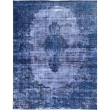 Load image into Gallery viewer, 8&#39;3&quot;x10&#39;9&quot; Nightshadow Blue, Overdyed, Vintage Persian Kerman, Extra Soft Wool, Worn and Distressed, Tone on Tone, Shaved Down, Hand Knotted, Cleaned with Sides and Edges Professionally Secured Oriental Rug FWR516672