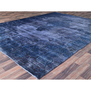 8'3"x10'9" Nightshadow Blue, Overdyed, Vintage Persian Kerman, Extra Soft Wool, Worn and Distressed, Tone on Tone, Shaved Down, Hand Knotted, Cleaned with Sides and Edges Professionally Secured Oriental Rug FWR516672