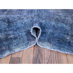 8'3"x10'9" Nightshadow Blue, Overdyed, Vintage Persian Kerman, Extra Soft Wool, Worn and Distressed, Tone on Tone, Shaved Down, Hand Knotted, Cleaned with Sides and Edges Professionally Secured Oriental Rug FWR516672