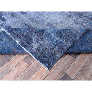 8'3"x10'9" Nightshadow Blue, Overdyed, Vintage Persian Kerman, Extra Soft Wool, Worn and Distressed, Tone on Tone, Shaved Down, Hand Knotted, Cleaned with Sides and Edges Professionally Secured Oriental Rug FWR516672