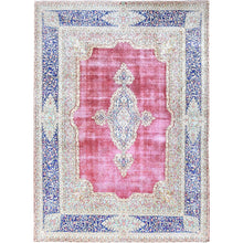 Load image into Gallery viewer, 9&#39;5&quot;x13&#39; Pale Violet Red With Byzantine Blue, Vintage Persian Kerman With Open Field Medallion Design, Evenly Worn Abrash, Professionally Secured and Cleaned, Sheared Low, Hand Knotted Pure Wool Distressed Feel Oriental Rug FWR516696