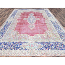 Load image into Gallery viewer, 9&#39;5&quot;x13&#39; Pale Violet Red With Byzantine Blue, Vintage Persian Kerman With Open Field Medallion Design, Evenly Worn Abrash, Professionally Secured and Cleaned, Sheared Low, Hand Knotted Pure Wool Distressed Feel Oriental Rug FWR516696