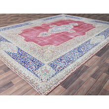 Load image into Gallery viewer, 9&#39;5&quot;x13&#39; Pale Violet Red With Byzantine Blue, Vintage Persian Kerman With Open Field Medallion Design, Evenly Worn Abrash, Professionally Secured and Cleaned, Sheared Low, Hand Knotted Pure Wool Distressed Feel Oriental Rug FWR516696