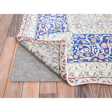 Load image into Gallery viewer, 9&#39;5&quot;x13&#39; Pale Violet Red With Byzantine Blue, Vintage Persian Kerman With Open Field Medallion Design, Evenly Worn Abrash, Professionally Secured and Cleaned, Sheared Low, Hand Knotted Pure Wool Distressed Feel Oriental Rug FWR516696