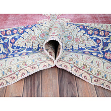 Load image into Gallery viewer, 9&#39;5&quot;x13&#39; Pale Violet Red With Byzantine Blue, Vintage Persian Kerman With Open Field Medallion Design, Evenly Worn Abrash, Professionally Secured and Cleaned, Sheared Low, Hand Knotted Pure Wool Distressed Feel Oriental Rug FWR516696