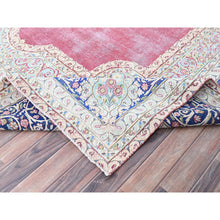 Load image into Gallery viewer, 9&#39;5&quot;x13&#39; Pale Violet Red With Byzantine Blue, Vintage Persian Kerman With Open Field Medallion Design, Evenly Worn Abrash, Professionally Secured and Cleaned, Sheared Low, Hand Knotted Pure Wool Distressed Feel Oriental Rug FWR516696