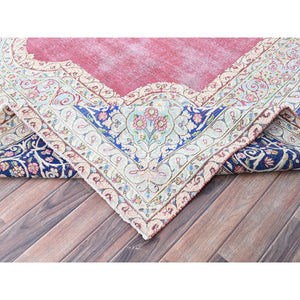 9'5"x13' Pale Violet Red With Byzantine Blue, Vintage Persian Kerman With Open Field Medallion Design, Evenly Worn Abrash, Professionally Secured and Cleaned, Sheared Low, Hand Knotted Pure Wool Distressed Feel Oriental Rug FWR516696