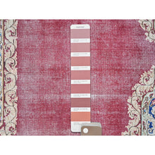 Load image into Gallery viewer, 9&#39;5&quot;x13&#39; Pale Violet Red With Byzantine Blue, Vintage Persian Kerman With Open Field Medallion Design, Evenly Worn Abrash, Professionally Secured and Cleaned, Sheared Low, Hand Knotted Pure Wool Distressed Feel Oriental Rug FWR516696