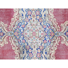 Load image into Gallery viewer, 9&#39;5&quot;x13&#39; Pale Violet Red With Byzantine Blue, Vintage Persian Kerman With Open Field Medallion Design, Evenly Worn Abrash, Professionally Secured and Cleaned, Sheared Low, Hand Knotted Pure Wool Distressed Feel Oriental Rug FWR516696