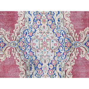 9'5"x13' Pale Violet Red With Byzantine Blue, Vintage Persian Kerman With Open Field Medallion Design, Evenly Worn Abrash, Professionally Secured and Cleaned, Sheared Low, Hand Knotted Pure Wool Distressed Feel Oriental Rug FWR516696