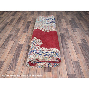 9'5"x13' Pale Violet Red With Byzantine Blue, Vintage Persian Kerman With Open Field Medallion Design, Evenly Worn Abrash, Professionally Secured and Cleaned, Sheared Low, Hand Knotted Pure Wool Distressed Feel Oriental Rug FWR516696