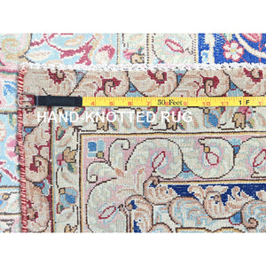 9'5"x13' Pale Violet Red With Byzantine Blue, Vintage Persian Kerman With Open Field Medallion Design, Evenly Worn Abrash, Professionally Secured and Cleaned, Sheared Low, Hand Knotted Pure Wool Distressed Feel Oriental Rug FWR516696