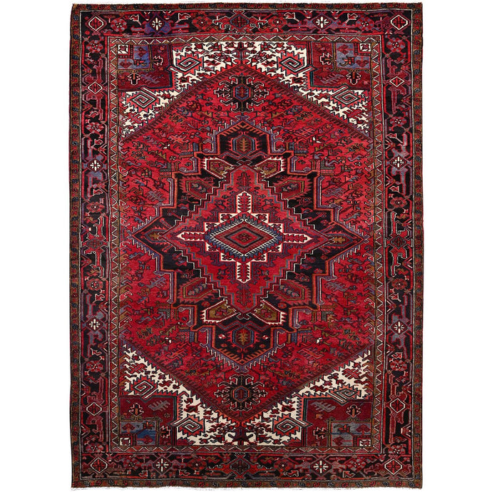 8'x11' Rufous Red, Semi Antique Persian Hand knotted With Central Geometric Medallion Heriz Design, Cleaned Sides and Ends Professionally Secured, Mint Condition Pure Wool Oriental Rug FWR516894