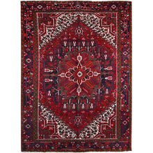 Load image into Gallery viewer, 7&#39;1&quot;x9&#39;6&quot; Lusty Red With Brewers Blue, Cleaned and Secured Sides and Ends, Vivid and Shiny Wool, Great Condition Hand Knotted Vintage Persian Heriz Oriental Rug FWR517044