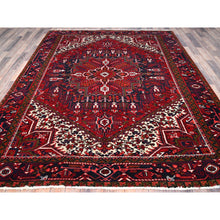 Load image into Gallery viewer, 7&#39;1&quot;x9&#39;6&quot; Lusty Red With Brewers Blue, Cleaned and Secured Sides and Ends, Vivid and Shiny Wool, Great Condition Hand Knotted Vintage Persian Heriz Oriental Rug FWR517044