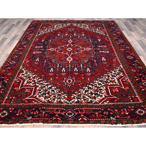 7'1"x9'6" Lusty Red With Brewers Blue, Cleaned and Secured Sides and Ends, Vivid and Shiny Wool, Great Condition Hand Knotted Vintage Persian Heriz Oriental Rug FWR517044