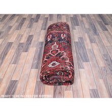 Load image into Gallery viewer, 7&#39;1&quot;x9&#39;6&quot; Lusty Red With Brewers Blue, Cleaned and Secured Sides and Ends, Vivid and Shiny Wool, Great Condition Hand Knotted Vintage Persian Heriz Oriental Rug FWR517044