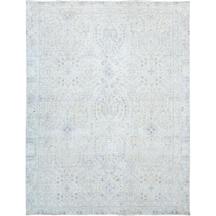 9'x11' Decorators White, Organic Wool Hand Knotted Vintage Persian White Wash Tabriz, Excellent Condition, Sides and Ends Professionally Secured and Cleaned, Worn Down Distressed Oriental Rug FWR517128