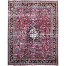 Load image into Gallery viewer, 10&#39;x12&#39;7&quot; Barbados Cherry Red, Vintage Persian Mashad, Hand Knotted 100% Wool, Sheared Low and Cropped Thin, Distressed Look, Good Condition, Cleaned, Sides and Ends Professionally Secured, Worn Oriental Rug FWR517170