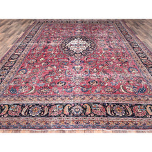 Load image into Gallery viewer, 10&#39;x12&#39;7&quot; Barbados Cherry Red, Vintage Persian Mashad, Hand Knotted 100% Wool, Sheared Low and Cropped Thin, Distressed Look, Good Condition, Cleaned, Sides and Ends Professionally Secured, Worn Oriental Rug FWR517170