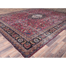 Load image into Gallery viewer, 10&#39;x12&#39;7&quot; Barbados Cherry Red, Vintage Persian Mashad, Hand Knotted 100% Wool, Sheared Low and Cropped Thin, Distressed Look, Good Condition, Cleaned, Sides and Ends Professionally Secured, Worn Oriental Rug FWR517170