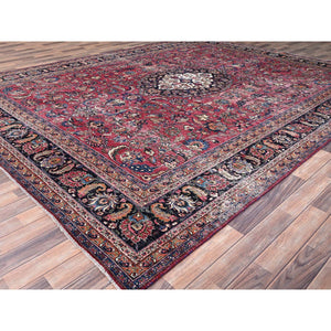 10'x12'7" Barbados Cherry Red, Vintage Persian Mashad, Hand Knotted 100% Wool, Sheared Low and Cropped Thin, Distressed Look, Good Condition, Cleaned, Sides and Ends Professionally Secured, Worn Oriental Rug FWR517170